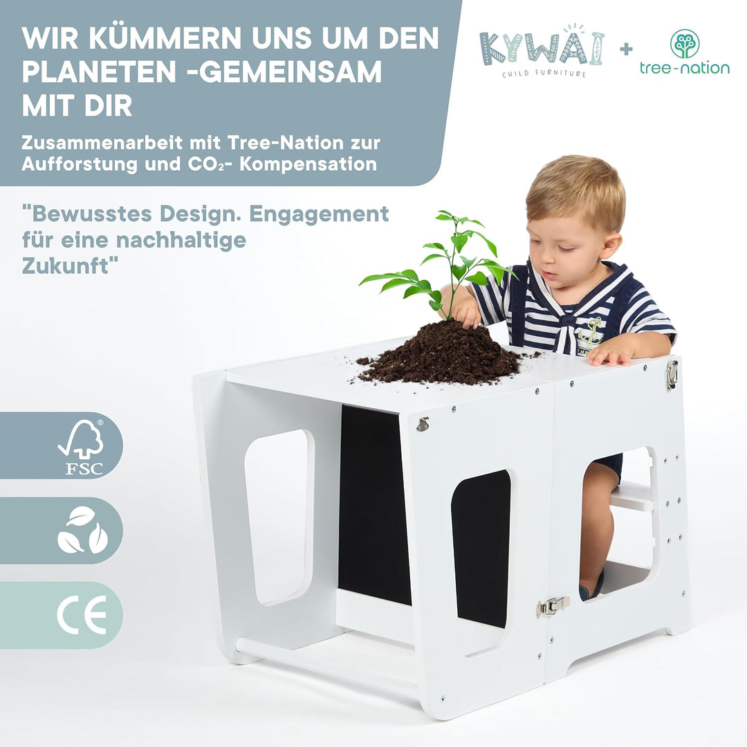 Montessori Lernturm ab 1 Jahr Klappbar Gross– 2-in-1 Premium Learning Tower & Tisch – Lernturm klapp