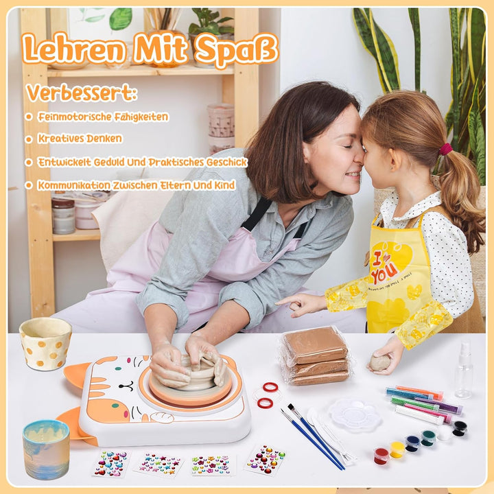 IEEILULU Töpferset für Kinder, Töpferscheibe Elektrisch für Kinder, Mini Töpferscheibe mit Töpferton