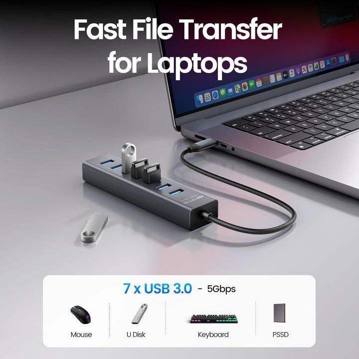 7-Port USB C auf USB Adapter Mit 30cm Kable, Aluminium USB Hub 5Gbps, USB C Verteiler Mehrfach Adapt