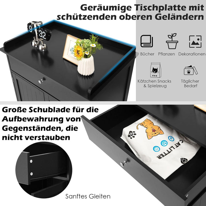GOPLUS 3 in 1 Katzenschrank, Katzenklo mit Schubladen, Doppeltüren und Katzenlöchern, versteckte Kat