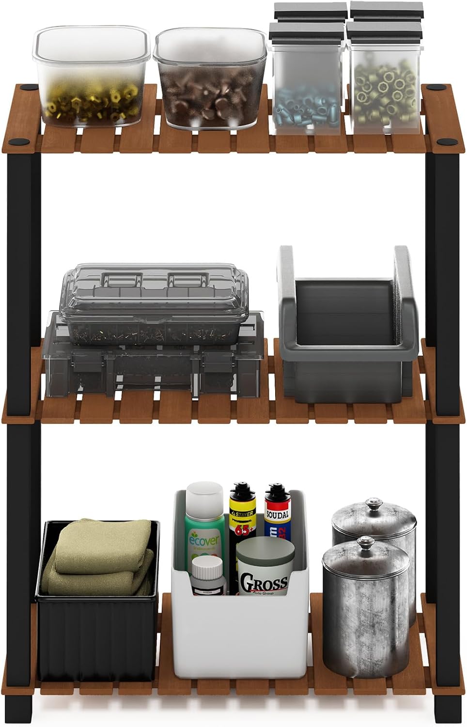 Furinno Pangkor Pflanzenregal mit 3 Ebenen, für drinnen und draussen, Holzständer mit quadratischen