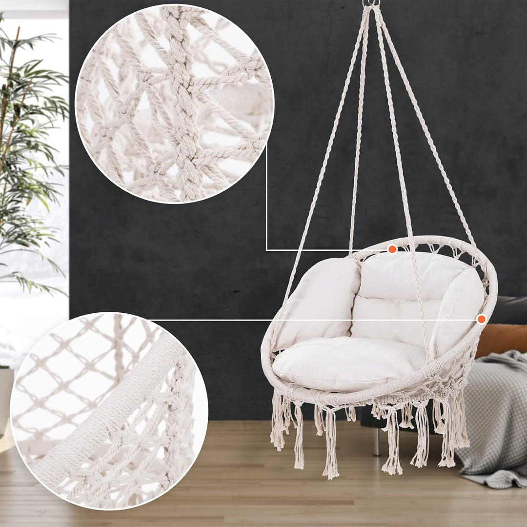 DETEX® Hängesessel bis 150kg Belastbar Boho Stil Wetterfest GS-Zertifiziert Garten 360° Drehbar Crem