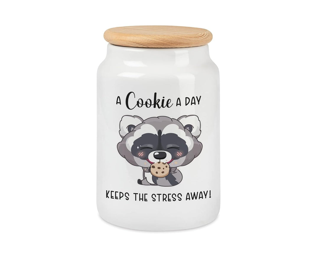 Keksdose Waschbär A Cookie A Day Keeps The Stress Away mit Holzdeckel für Plätzchen