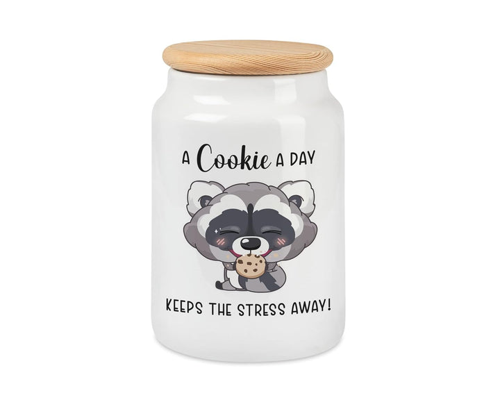 Keksdose Waschbär A Cookie A Day Keeps The Stress Away mit Holzdeckel für Plätzchen