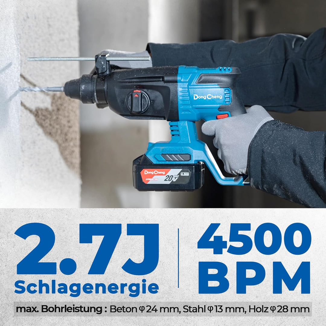 DongCheng Akku Bohrhammer 18V, Schlagenergie 2.7 J, mit 4 Stück SDS-plus, Bohren bis 28 mm, Bürstenl