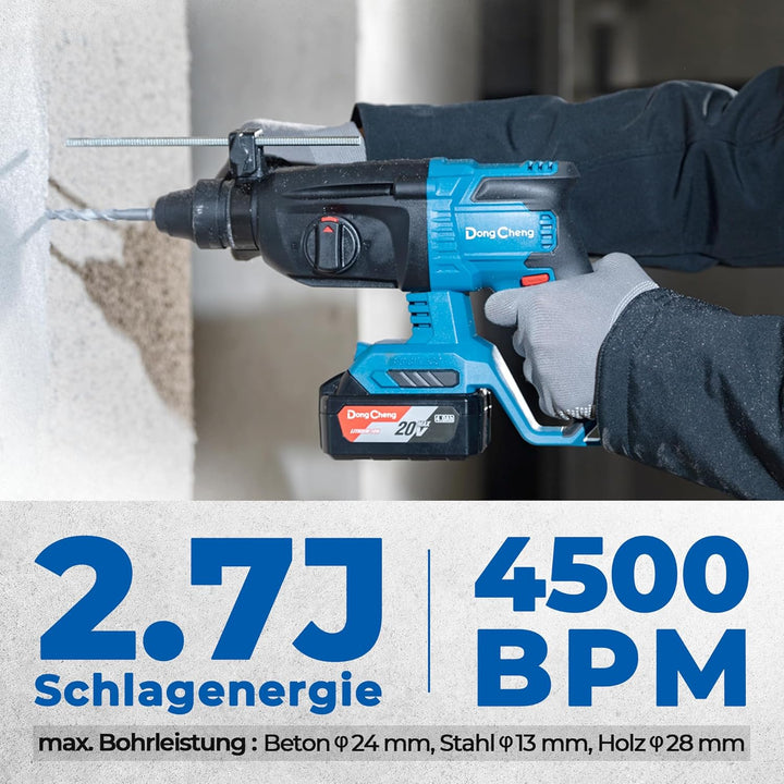DongCheng Akku Bohrhammer 18V, Schlagenergie 2.7 J, mit 4 Stück SDS-plus, Bohren bis 28 mm, Bürstenl