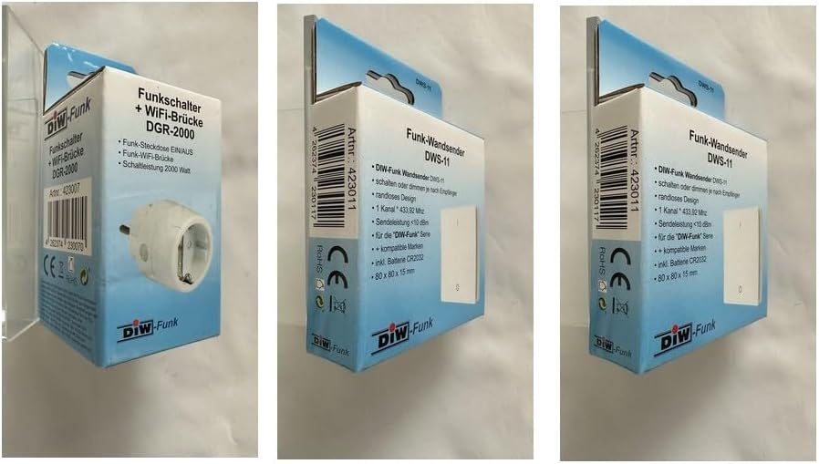 PW-510 DIW-Funk Wechselschaltung ohne Kabel SPARSET Funkstecker 2300W + zwei(!!) Wandsender spart St