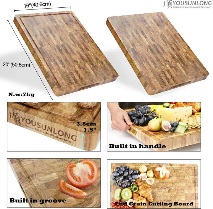 YOUSUNLONG Grosses Schneidebrett für die Küche - 50,8x40,6x3.8 cm - Nachhaltiges Teakholz-Schneidebr