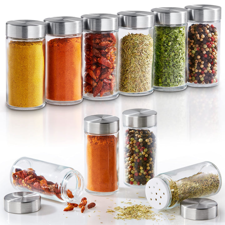 Vomeno® 12er Set Gewürzgläser mit Edelstahl Aroma-Deckel – Hochwertige Gewürzdosen für Gewürze & Krä