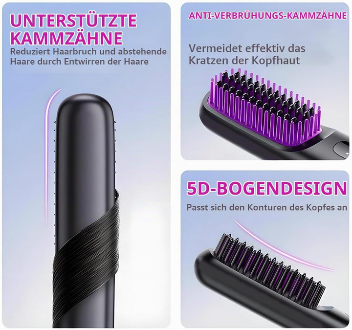 Kabellose Haarglätter Bürste, Tragbare Glättbürste Kabellos mit 3 Temperaturstufen, Haarglätter Bürs