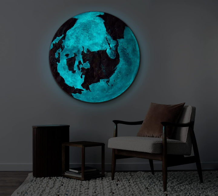YS-Art Abstrakt Fluoreszierendes leuchtendes Acryl 3D Gemälde auf runder Leinwand Goldene Erde handg