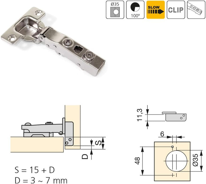 Emuca 1011007 Pack aus 20 Topfscharnieren Ø35mm 100° für sich überlappende Türen und Zusätze zum Fes
