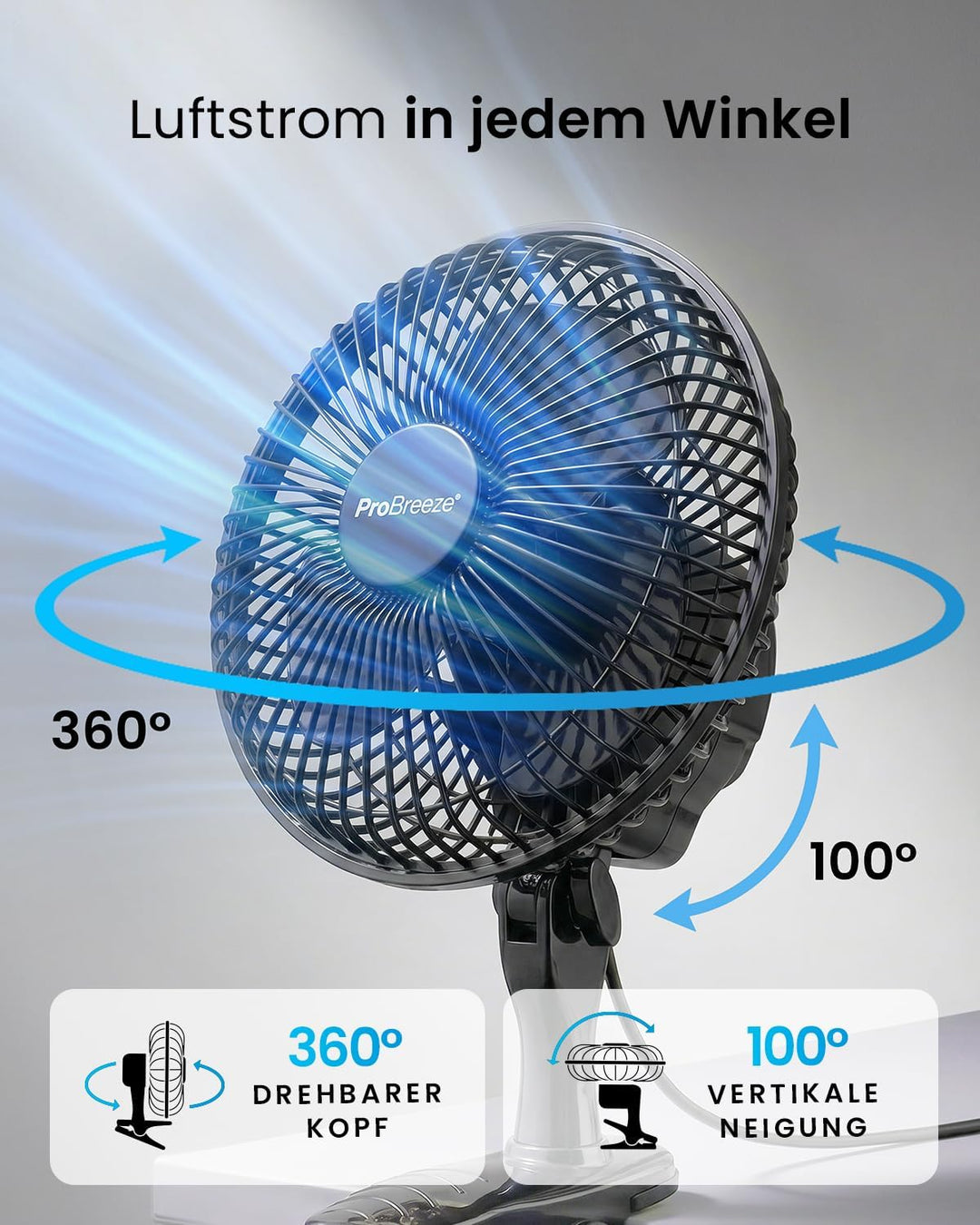 Pro Breeze Mini Ventilator mit Clip - 20 cm Durchmesser, 2 Geschwindigkeitsstufen, starke + stabile