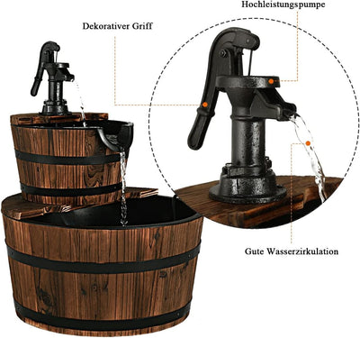 COSTWAY Brunnen Holz Gartenbrunnen Holzbrunnen Holzfass mit Wasserpumpe Ø 44,5cm