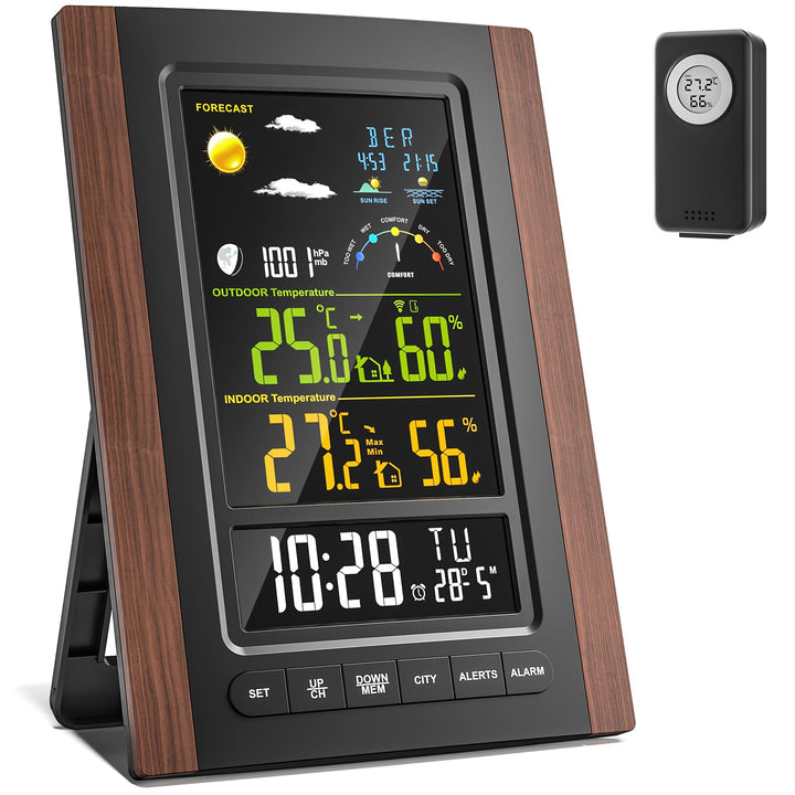 Wetterstation Funk mit Aussensensor, Temperatur & Luftfeuchtigkeit Innen/Aussen, Grosses LCD Display