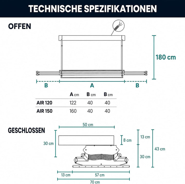 Foxydry Air, Elektrischer Wäscheständer für Wand und Decke mit Ventilator und Fernbedienung, aus Alu