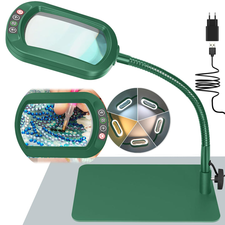 Drdefi 10X Rectangle Lupe mit Licht und Ständer, Echtes Glas Lupenlampe, 5 Farbmodi Stufenlos Dimmba