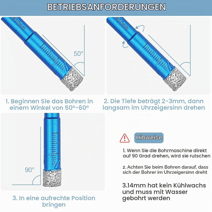 6 Stück Fliesenbohrer Diamantbohrer Glasbohrer Set, 6, 8, 10, 12, 14 mm Keramikbohrer und 6 mm Karbi