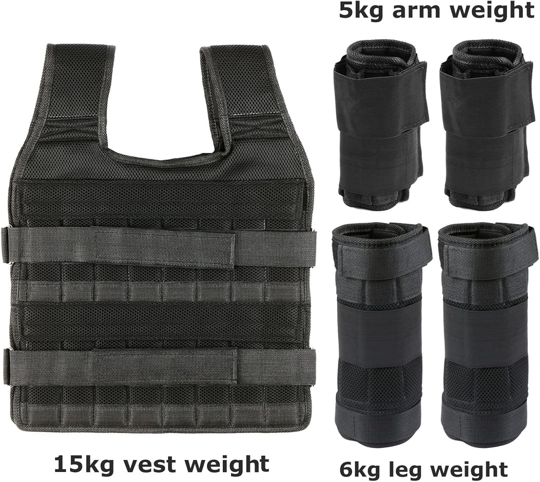 35kg Gewichtsweste mit 6kg Bein- und 5kg Armgewichten, Verstellbare Trainingweste mit 32 Taschen, Me