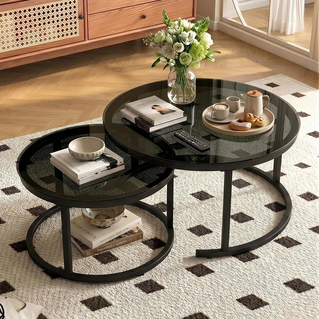 Hawthyhome 2 Stücke Beistelltisch Set rund, Couchtisch aus Glas mit Metallrahmen,Moderne Kaffeetisch