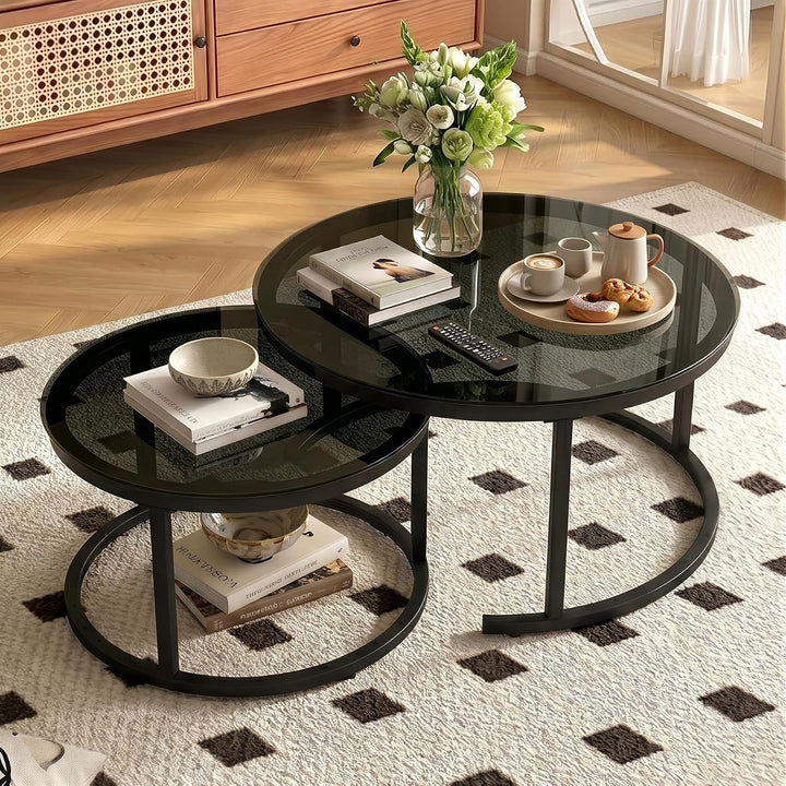 Hawthyhome 2 Stücke Beistelltisch Set rund, Couchtisch aus Glas mit Metallrahmen,Moderne Kaffeetisch