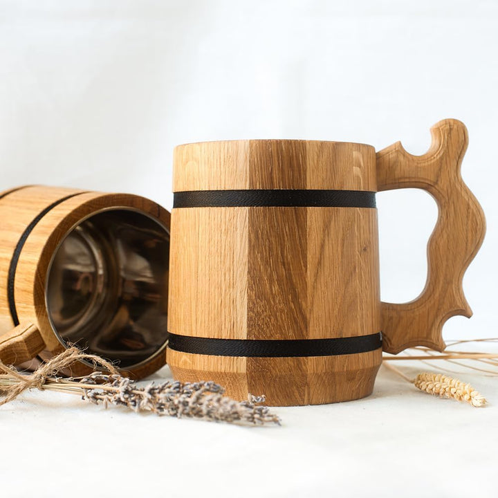 HOFMEISTER® Bierkrug mit Edelstahleinsatz aus Eiche 19,5 cm Bierkrug mit Stahleinsatz 1, Bierkrug mi