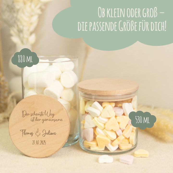 GRAVURZEILE Vorratsglas mit graviertem Holzdeckel - Der schönste Weg - Personalisiert mit Name & Dat