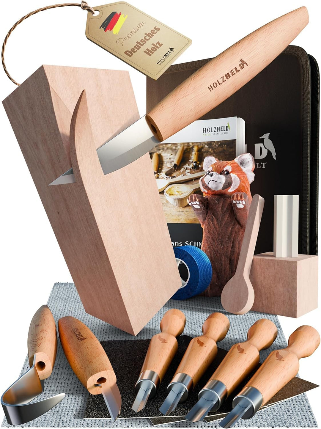 hochwertiges Schnitzwerkzeug (24 teil.) inkl. 32 S. Anleitung 4 Vorlagen u dt. Schnitzholz zum Schni