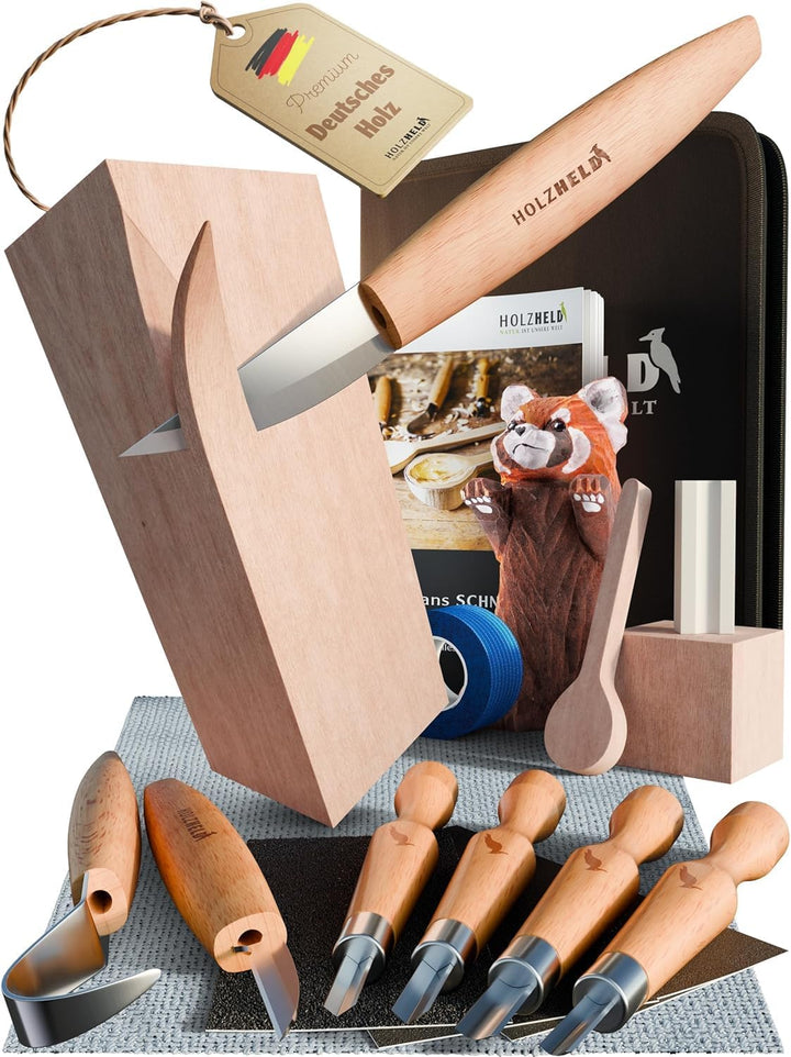 hochwertiges Schnitzwerkzeug (24 teil.) inkl. 32 S. Anleitung 4 Vorlagen u dt. Schnitzholz zum Schni