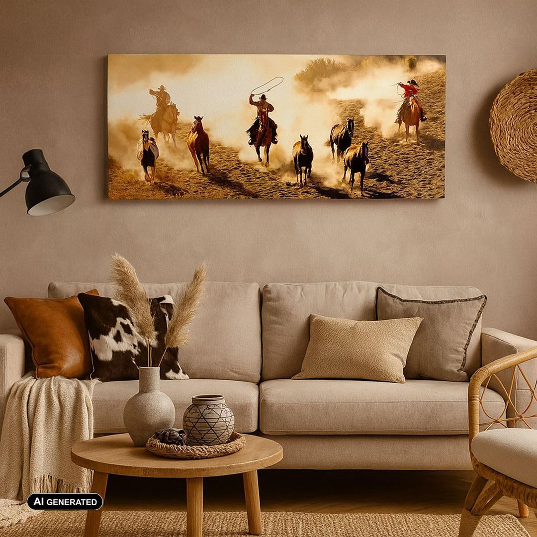 Wandbilder Dekoration Wohnzimmer Cowboys Pferde Galopp Panorama Bilder auf Leinwand 120x50cm Leinwan