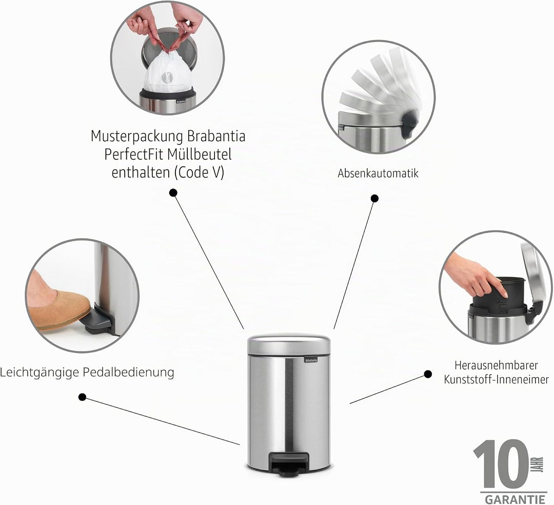 Brabantia 113222 Treteimer mit Inneneimer aus Kunststoff, stahl, Matt Stahl, 3 Liter 3 Liter Matt St