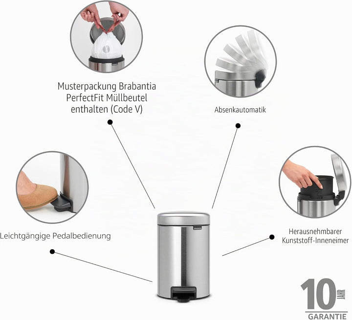 Brabantia 113222 Treteimer mit Inneneimer aus Kunststoff, stahl, Matt Stahl, 3 Liter 3 Liter Matt St
