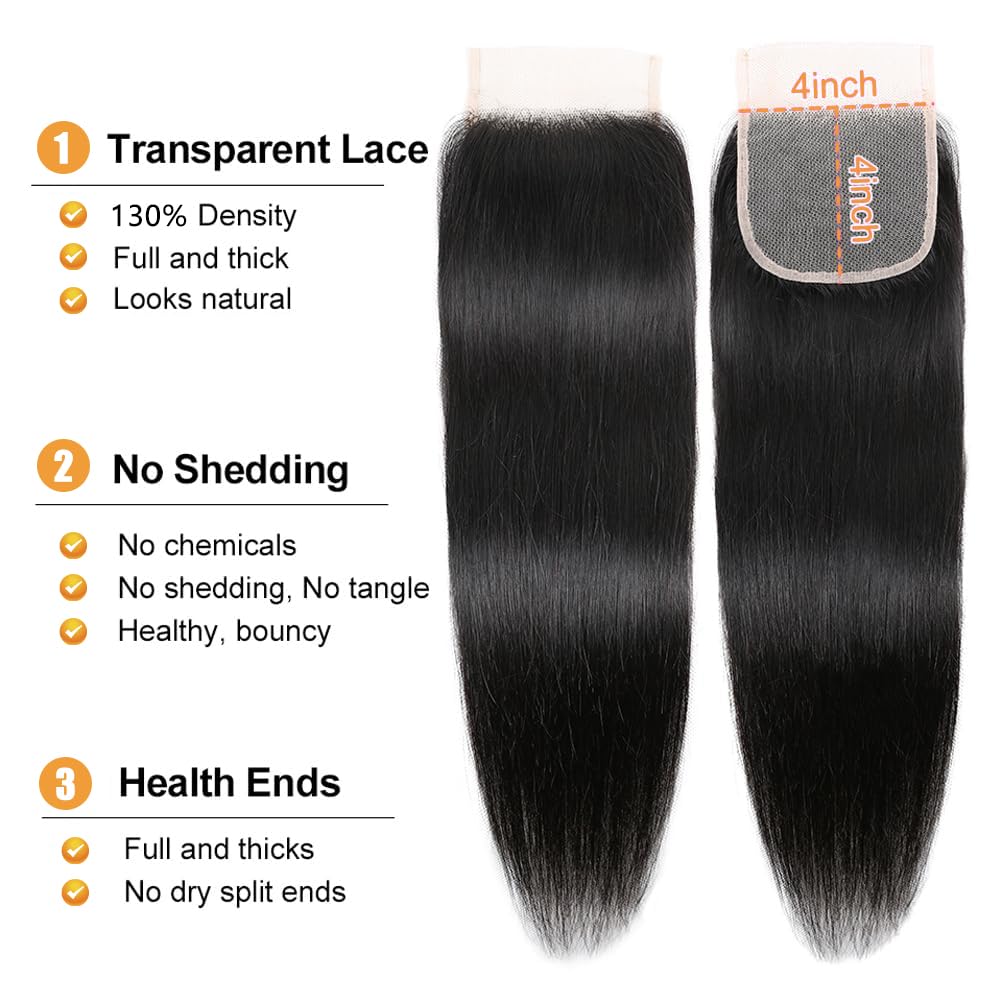 4x4 Lace Closure Brazilian Human Hair Straight HD Transparent Swiss 100% Unprocessed Unprocessed Hum