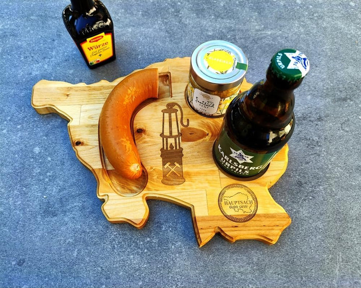 Saarlandbrett aus Holz mit Senf, Frühstücksbrettchen im Bergmann Stil, Geschenkidee aus dem Saarland