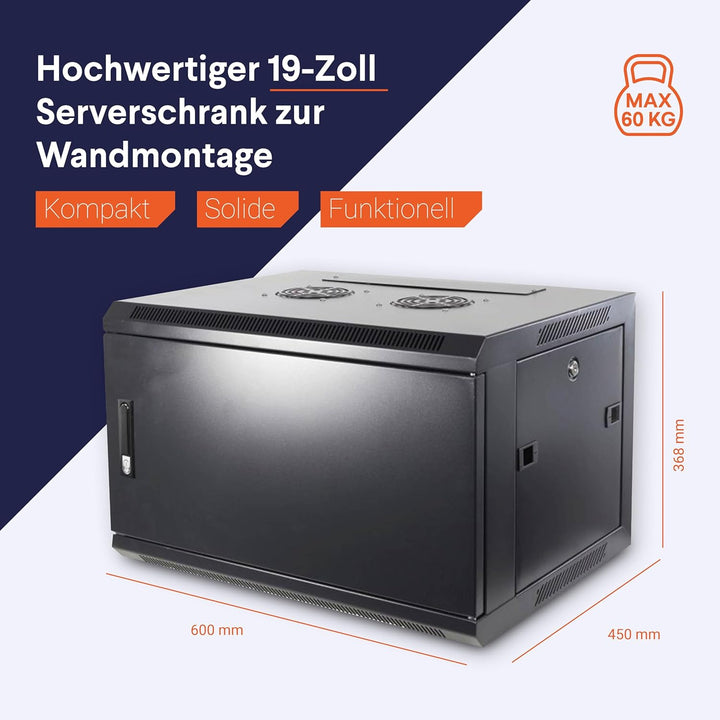 DSIT 6HE Netzwerkschrank (Serverschrank) 19 Zoll Wandmontage - mit Metalltür (BxTxH) 600 x 450 x 367