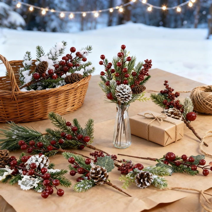 Morofme 12 Stück Künstliche Tannenzweige mit Rote Beeren Deko, Weihnachtszweige mit Tannenzapfen, Ba