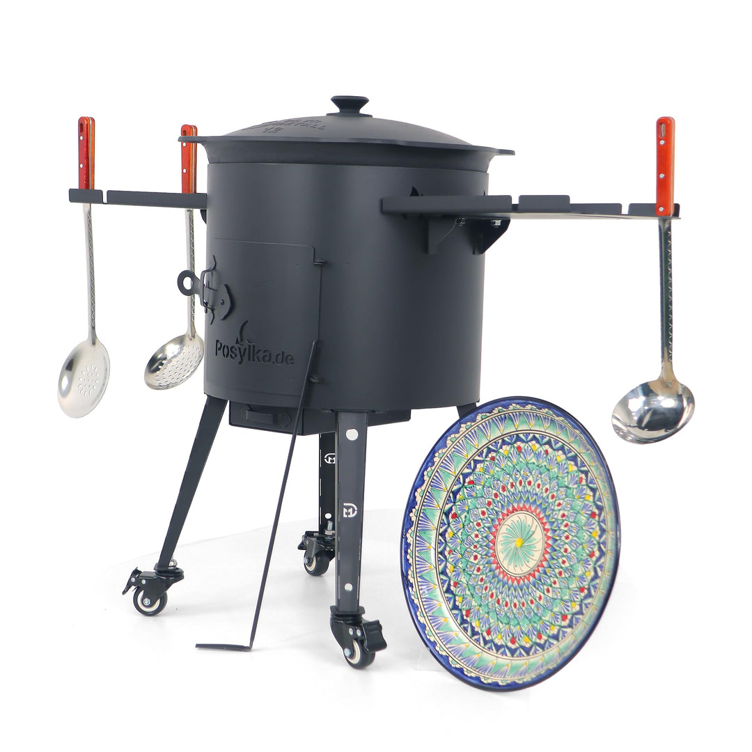 Utschak Feuerofen Ø 40cm & Gusseisen Kazan 12L Ø 42,5cm| Ablage, Räder & Schaumlöffel | Kasan mit De