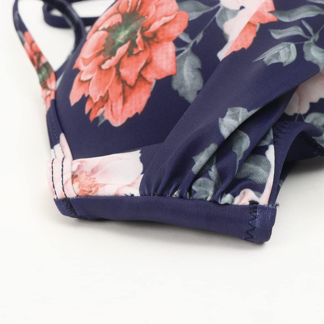 RXRXCOCO Damen Wickel Push Up bikini Oberteil Bauchweg High Waist Bikini Set Bademode M Blaue Blume,