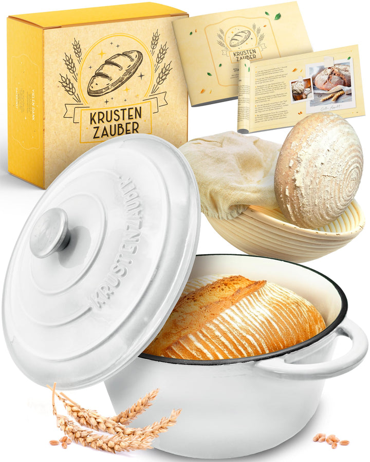 KRUSTENZAUBER Gusseisen Topf Brot backen emailliert inkl. Gärkorb - 26cm Emaille-Topf samt Zubehör -
