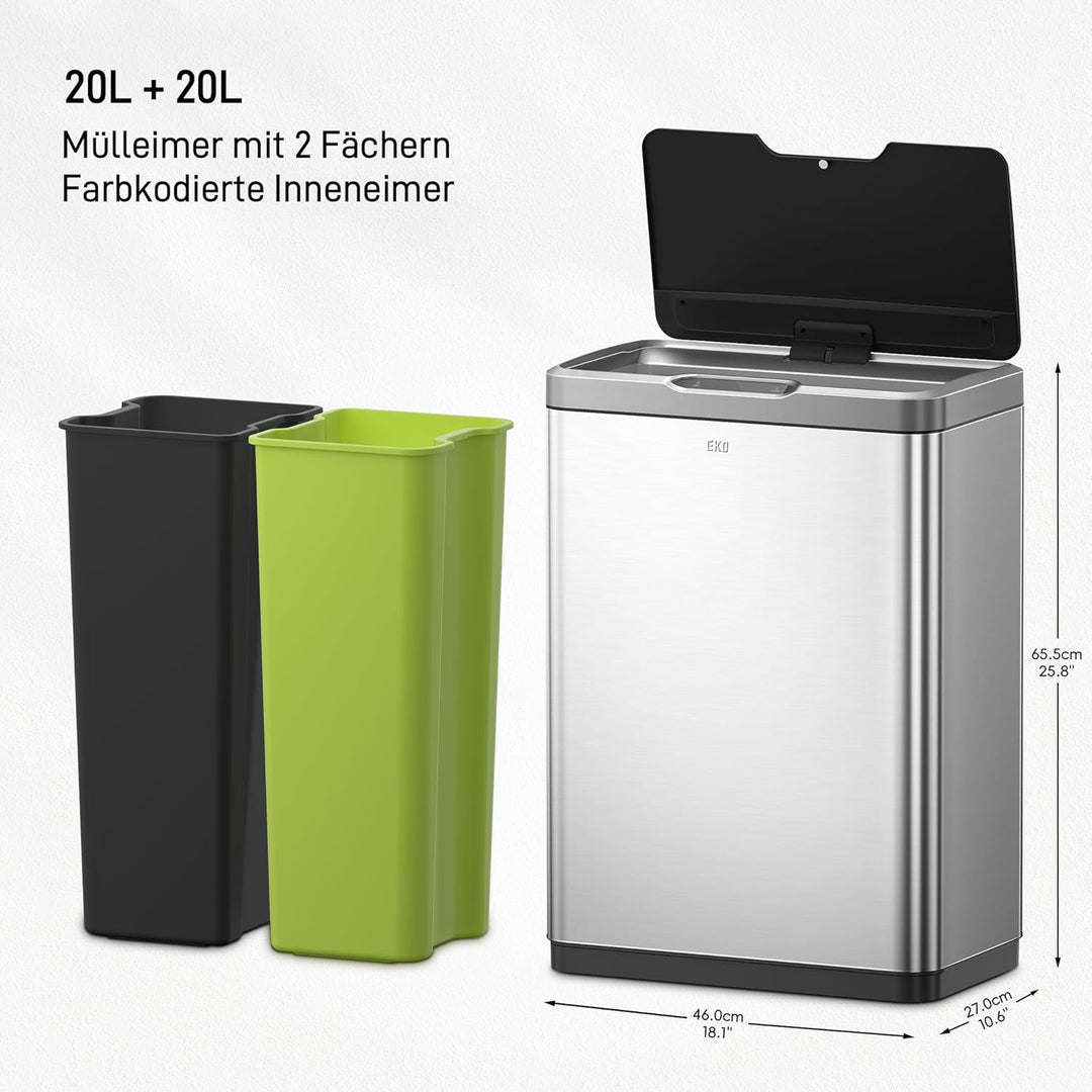 EKO Mirage Sensor Mülleimer 2x20L Mülltrenner (27 x 46 x 65.5 cm, Bewegungssensor, Dämpfer-System, F