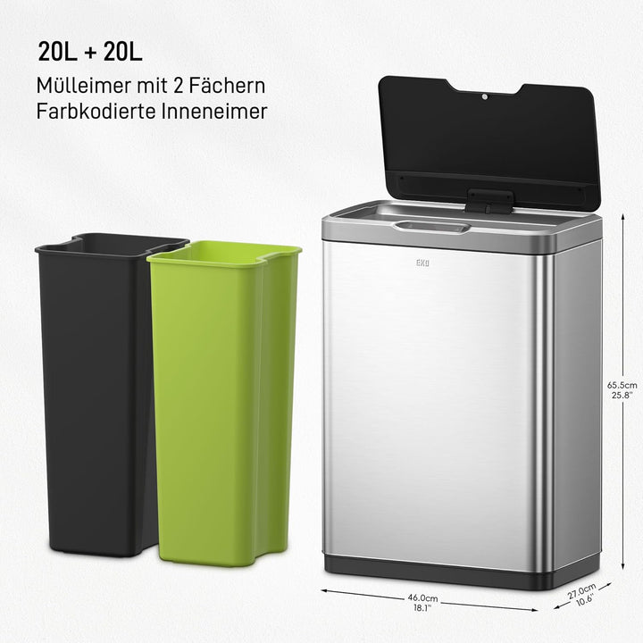 EKO Mirage Sensor Mülleimer 2x20L Mülltrenner (27 x 46 x 65.5 cm, Bewegungssensor, Dämpfer-System, F