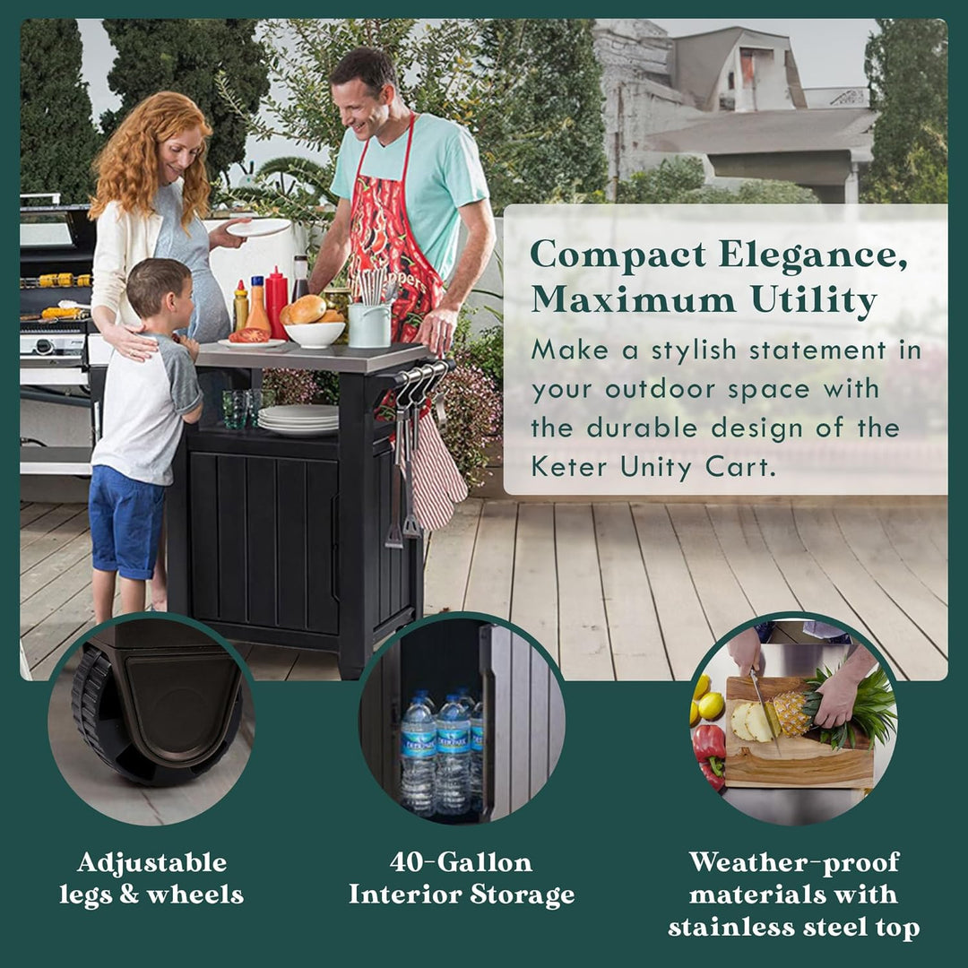 Keter Unity Portable 40 Gal Outdoor Table and Storage Cabinet w/ Accessory Hooks, Stainless Steel To