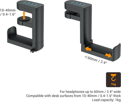 KIWIFOTOS Kopfhörerständer mit USB-Hub, Untertisch-Headset-Aufhänger mit 4 USB-Anschlüssen (1 USB 3.