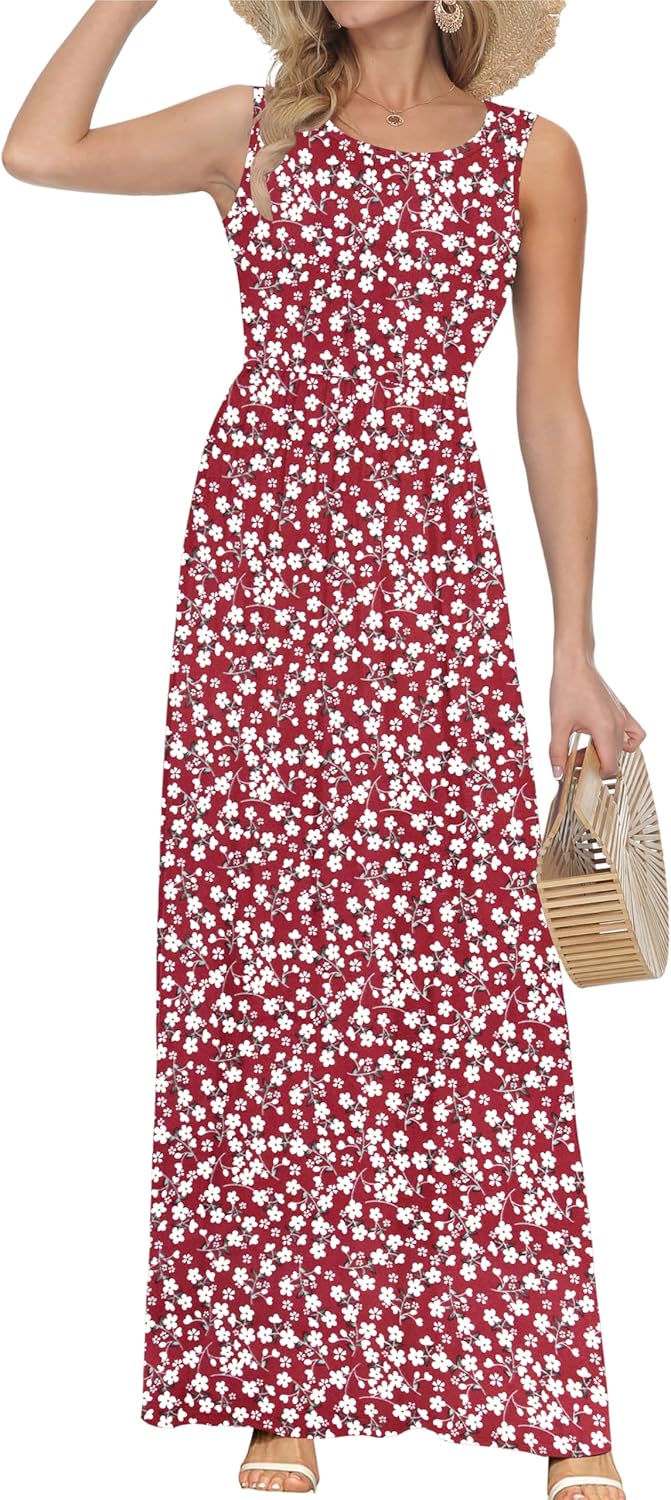 AUSELILY Damen Sommer Ärmelloses Lockeres Maxikleid Lässiges Langes Kleid mit Taschen Rot Blumen S,