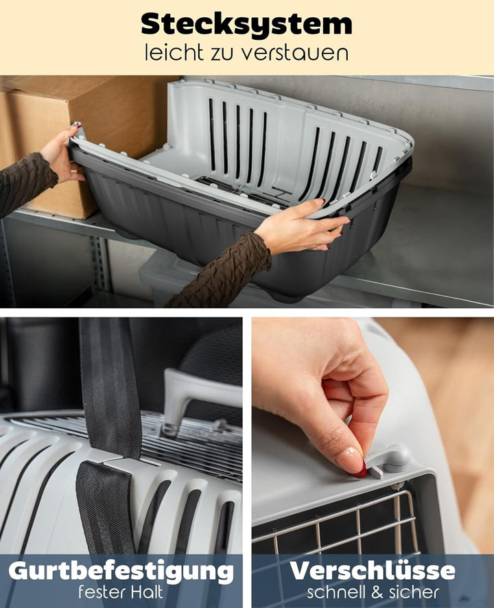 lionto Hundetransportbox aus Kunststoff mit Metallgitter, 58,5x35,5x40 cm, Transportbox mit praktisc