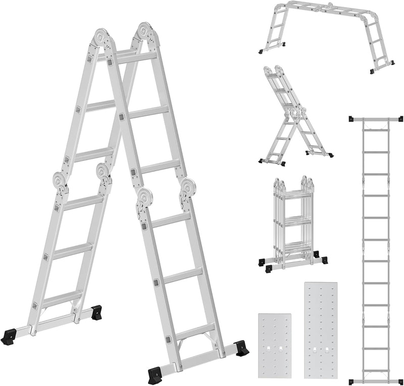 SONGMICS Leiter, Mehrzweckleiter, Trittleiter, Aluleiter, Haushaltsleiter, 4 x 3 Stufen, bis 150 kg,