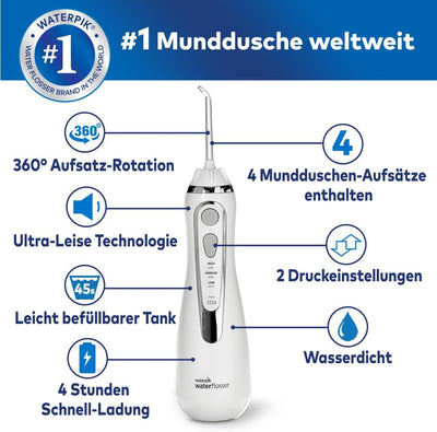 Waterpik Kabellose Munddusche Advanced, 4 Aufsätze, 3,1-5,2 bar Druckbereich, 3 Druckeinstellungen,