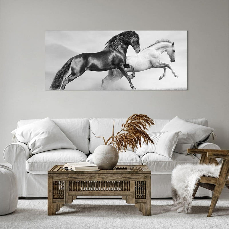 Wandbilder Dekoration Wohnzimmer Pferde Tiere Galopp Wiese Panorama Bilder auf Leinwand 120x50cm Lei