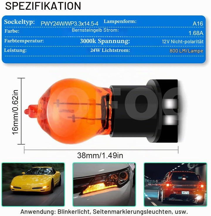 SOFOC-PWY24W Automobil Frontblinker Standlicht Tagfahrlicht etc 12V 24W Gelb 2Stk Bernsteingelb PWY2