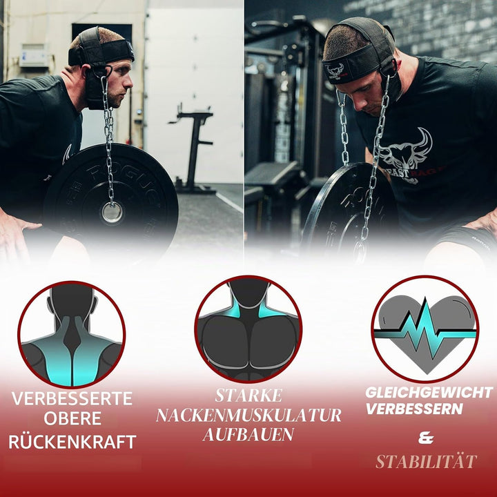 BEAST RAGE Kopfgeschirr, Halstauchen, strapazierfähig, lange Stahlkette, verstellbar, Fitness-Halsge